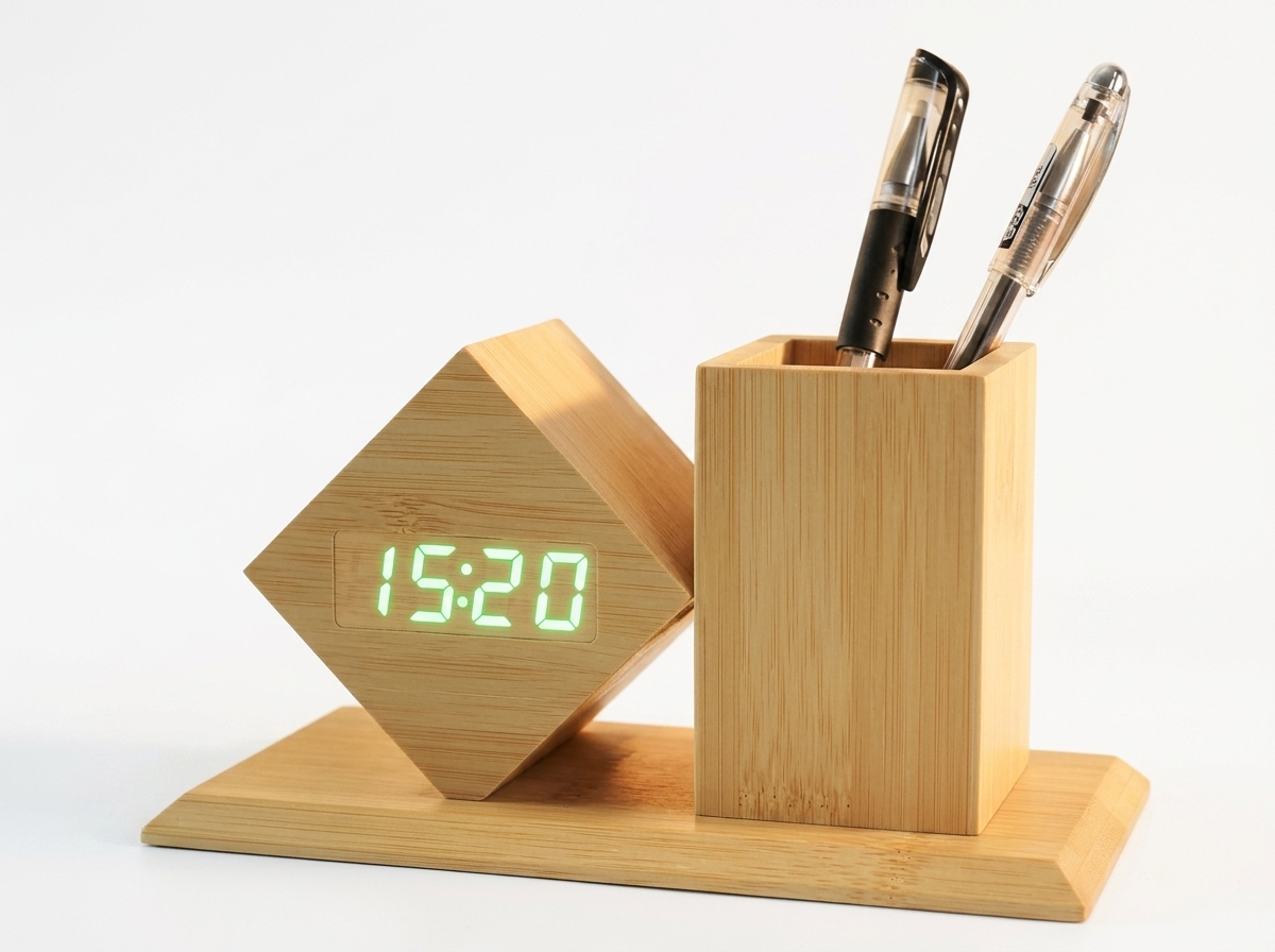 WOODEN DIGITAL CLOCK PEN POT