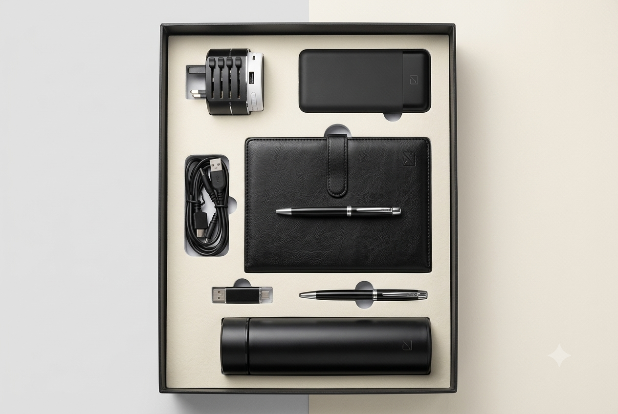 Executive Gift Set, 6 in 1 Bluetooth speaker, powerbank, journal, pen, USB , Flask
