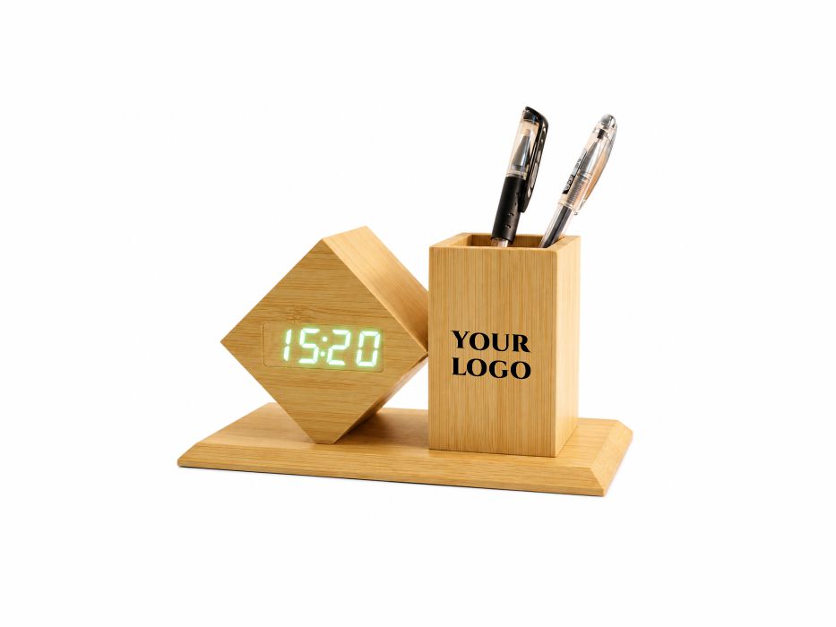 WOODEN DIGITAL CLOCK PEN POT
